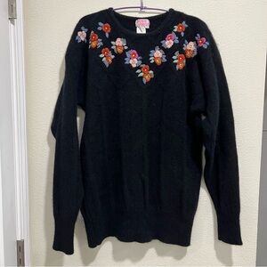 Vintage Vivien Forest Wool Floral Embroidered Black Sweater Size L Bohemian Cozy